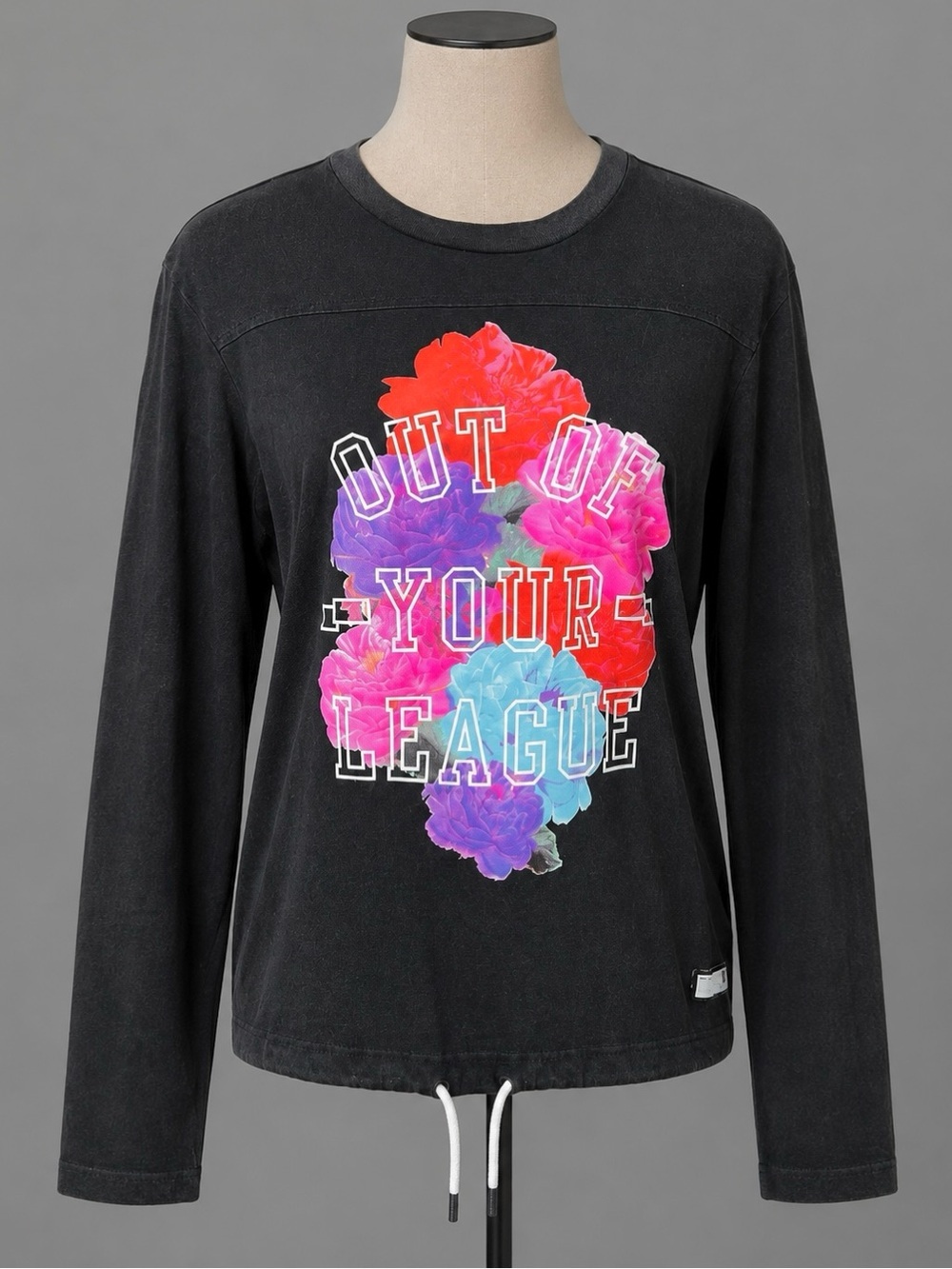 Black “Out of your league” flower graphic, Adidas, climate top ombré cord